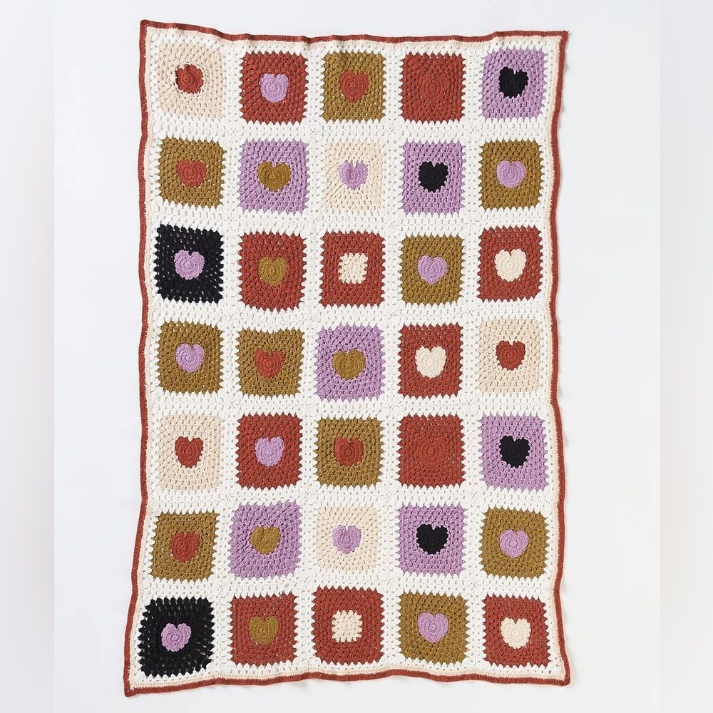 Anthropologie HAND-KNIT CROCHET HEART COTTON THROW BLANKET NWT